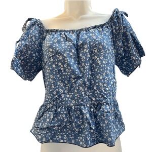 See You Monday Floral Blue Off-Shoulder Top Cottagecore Peplum